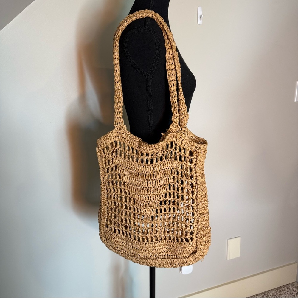LA EXPRESS Tan Paper Straw Tote Bag Weave Beach Bag Boho Crochet *Flaws* - Picture 5 of 11